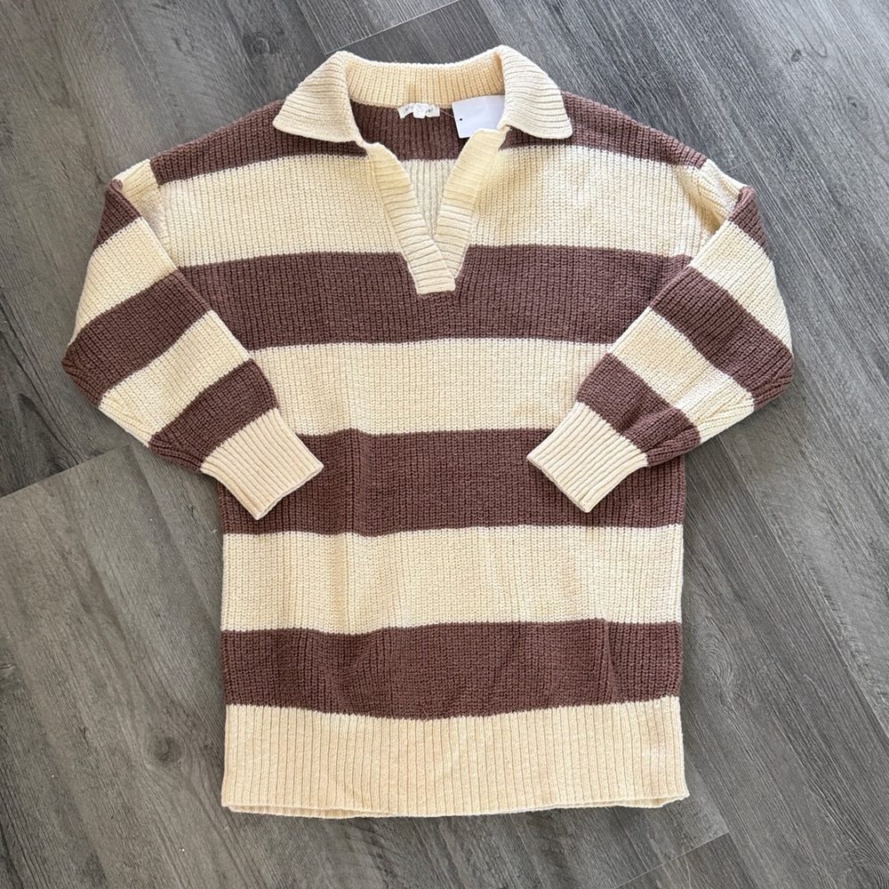 Blu Pepper Cream and Brown Striped V-Neck Acrylic Sweater Dress - SMALL NWT